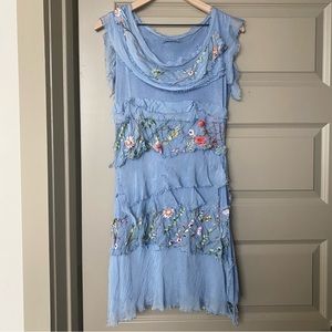 Tiered Sleeveless Raw Ruffle Embroidered Silk Dress, Blue